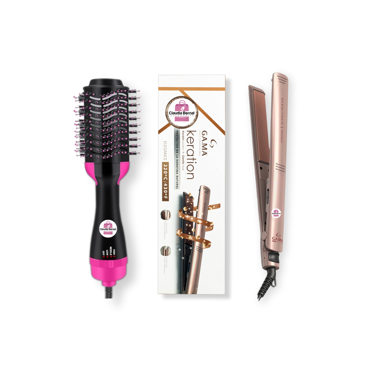 COMBO PLANCHA KERATION ELEGANCE ORIGINAL GAMA + CEPILLO SECADOR ONE STEP