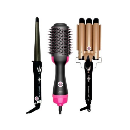 SUPER COMBO CEPILLO SECADOR + RIZADOR EN TUBO REMLGTON CÓNICO + RIZADOR ONDAS DE SIRENA REMLGTON 9630